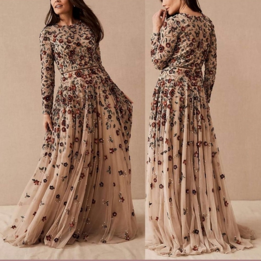 Mac duggal 5533 Floral Appliqué long sleeve illusion Gown Nwt